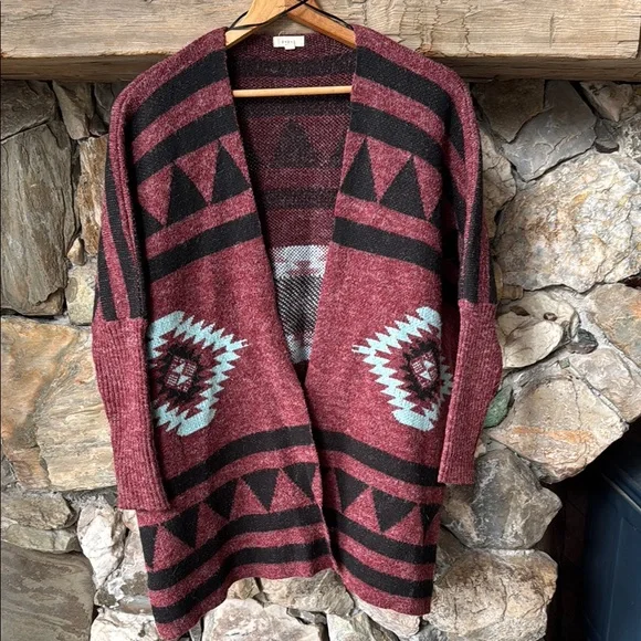 debut Maroon Aztec Open-Front Cardigan with Black and Light Blue Accents - Picture 1 of 8